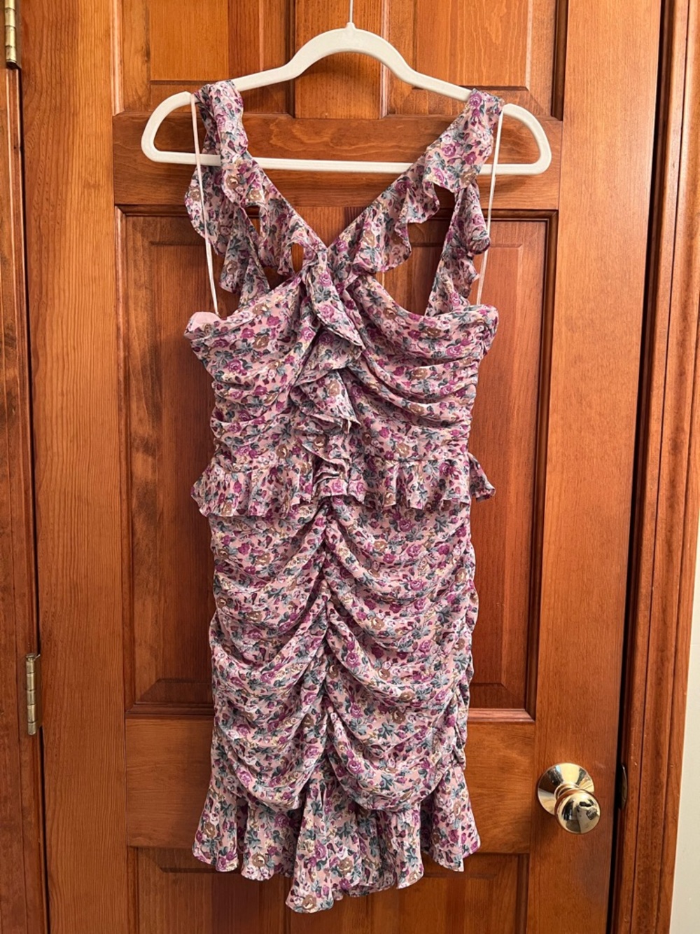 ASTR the label Size M Floral Ruffled Ruched Sundress in Pink and Cream